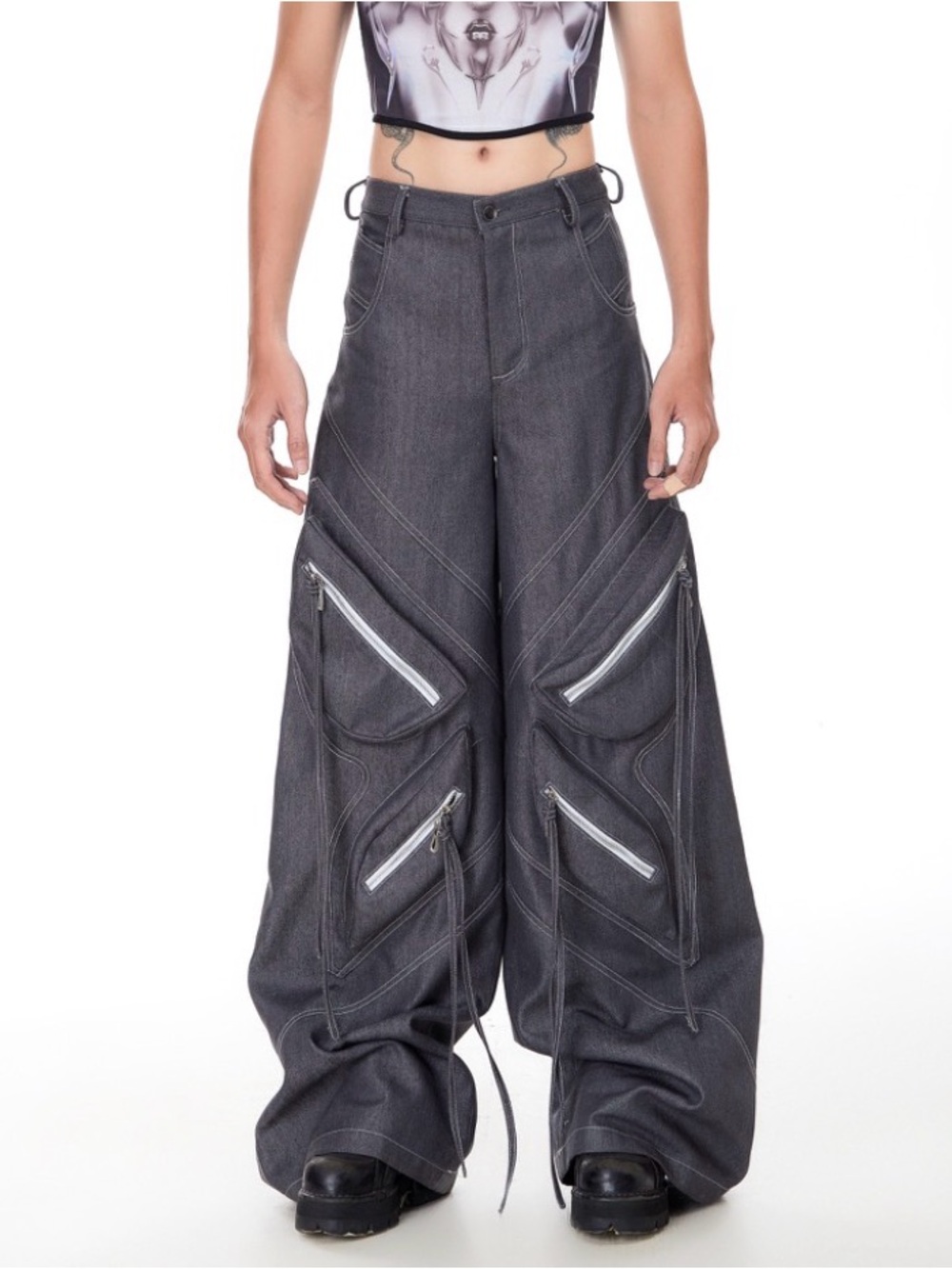 Wide-Leg Dark Gray Cargo Pants with Zip Pocket Details